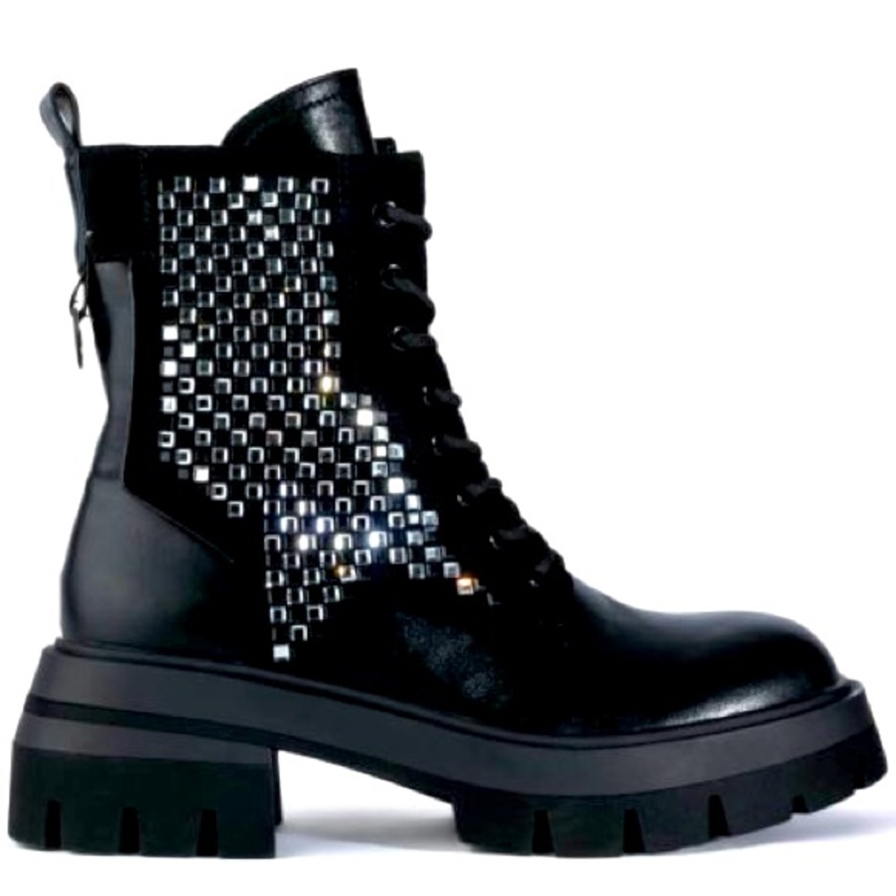 Azalea Wang Black Leather Rhinestone Embellished  Lace Up Combat Boots